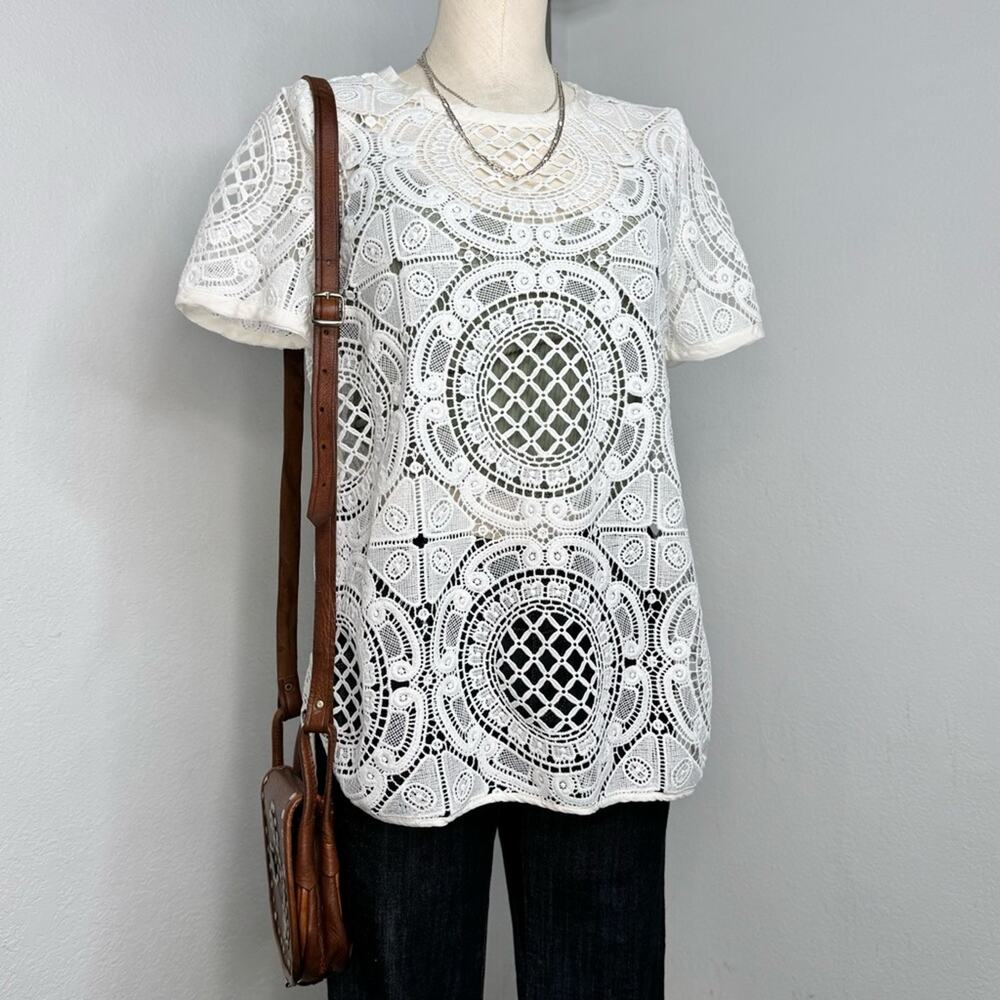 Sundance Shadow Dance Crochet‎ Lace Top White Size Small